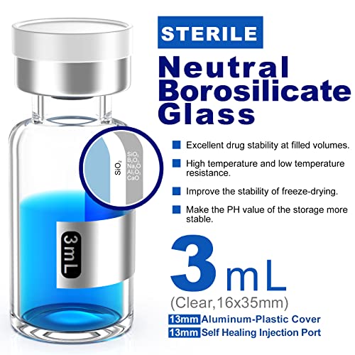 Biomed Solutions Empty Sterile Vial Sealed with Butyl Rubber Stopper and Flip Top Closure,Type 1 Borosilicate Glass Tubing,Individually Packed (3mL 8Pcs) - size: 3mL 8Pcs