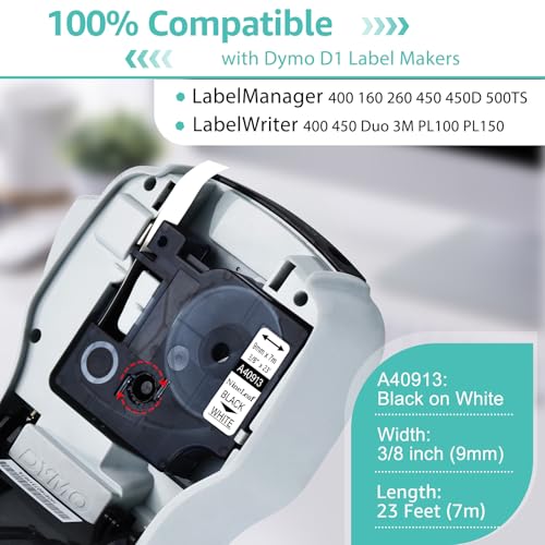 NineLeaf 3 Pack Compatible for DYMO D1 40913 S0720680 9mm 3/8" x 23ft Black on White Label Tape Refill Work in LabelManager 160 280 420P 360D 210D PnP 500TS LabelWriter 450 Duo ColorPop Label Maker - color: Black on White, size: 3/8" (9mm) x 23 feet (7m)