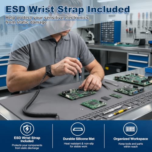 Silicone Soldering Mat 13.8"x23.7" - 932°F Heat Resistant Work Mat with 111 Grid Cells & Premium PU Anti-Static Wrist Strap, Professional Repair Pad for Electronics, Soldering Station