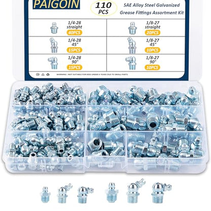 SAE Grease Fittings Kit - 110PCS NPT 1/4" 1/8" Grease Zerk Fittings Assortment with Straight 45 90 Degree Angled for Grease Gun - size: 110PCS SAE Assortment