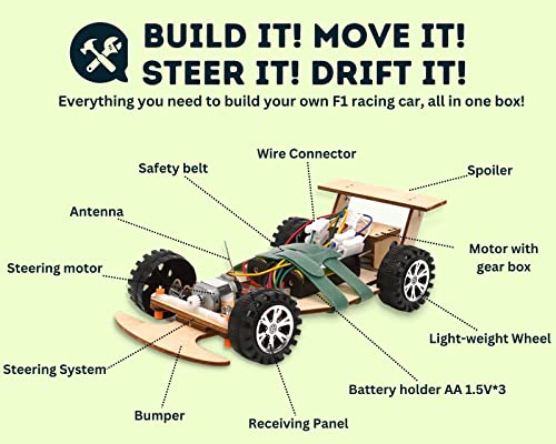 Wooden Wireless Remote Control F1 Racing Car Science Kit to Build (Green), STEM Project for Kids Aged 8 9 10 11 12 13, Science Building Kit Gift for Boys and Girls - color: Green, size: Single pack