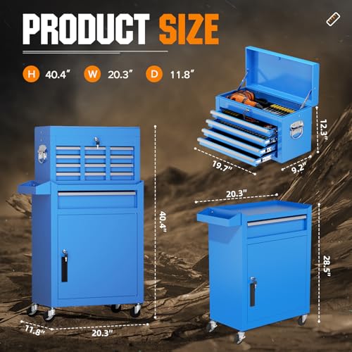 Oakcloud Heavy-Duty 5-Drawer Rolling Tool Chest & Cabinet Combo with Black Liner – Lockable Steel Garage Tool Box on Wheels – Detachable Top Toolbox & Bottom Storage Cart with Side Hooks - color: Blue, size: 5-drawer