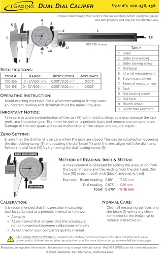 iGAGING 6-Inch 150 mm Dial Caliper, Dual Reading Scale, Metric and SAE Standard Measurement