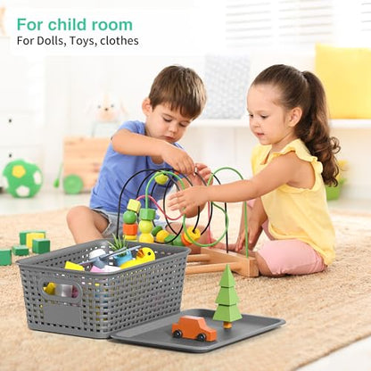 8 Pack Plastic Storage Baskets,Grey Stackable Bins with Lid - color: Grey
