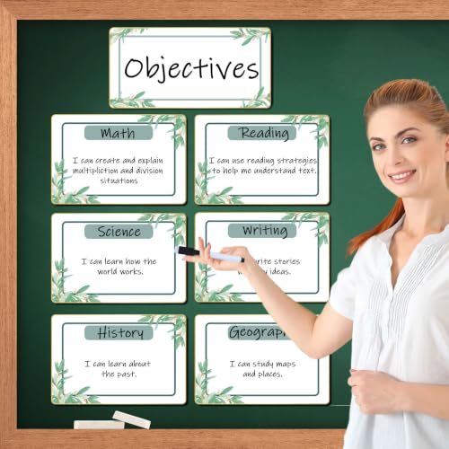 7Pcs Magnetic Write & Wipe Blank Labels, Eucalyptus Leaves Design Dry Erase Learning Magnets with 1 Black Pen & Back Card (30 * 20cm), Classroom Office Home Organization Supplies - style: Eucalyptus Leaves