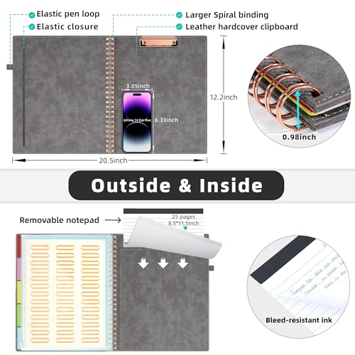 Ospelelf Grey Foldable Clipboard Folio with with Storage Zipper Pouch, Leather Spiral Clipboard Folder with Notepad, 5 Plastic Folders with 10 Pockets, 39 Divider Label Stickers, Pen Loop Series - color: Grey