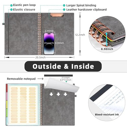Ospelelf Grey Foldable Clipboard Folio with with Storage Zipper Pouch, Leather Spiral Clipboard Folder with Notepad, 5 Plastic Folders with 10 Pockets, 39 Divider Label Stickers, Pen Loop Series - color: Grey