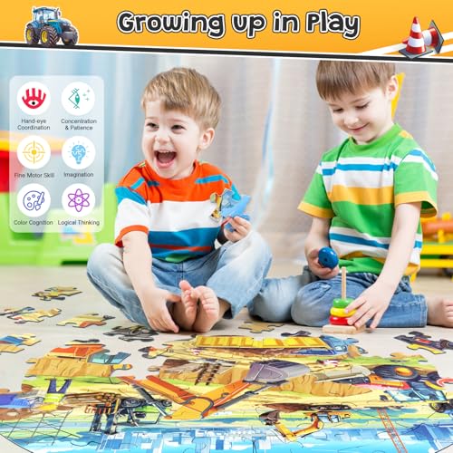 Floor Puzzles for Kids Ages 4-6, Large 70 Piece Construction Puzzles for Kids Ages 6-8 with Excavator Bulldozer Forklift Dumper Truck, Building Site Educational Toy Gifts for Boys Girls Children - style: Construction Site