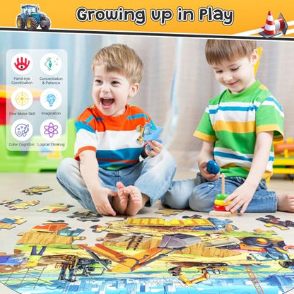 Floor Puzzles for Kids Ages 4-6, Large 70 Piece Construction Puzzles for Kids Ages 6-8 with Excavator Bulldozer Forklift Dumper Truck, Building Site Educational Toy Gifts for Boys Girls Children - style: Construction Site