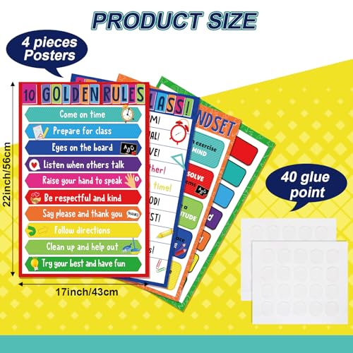 Pajean 4 Pack Classroom Rules Posters 17 x 22 Inch Motivational Bulletin Board Decoration with Glue Points for Elementary Middle School High School Teach Classroom Supplies