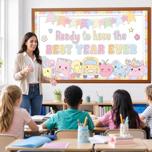 Back to School Bulletin Board Set Ready to Have the Best Year Ever Classroom Decorations Pastel Groovy Apple Motivational Paper Cutouts for First Day of School Chalkboard Wall Door Decor - style: Ready to Have the Best Year Ever