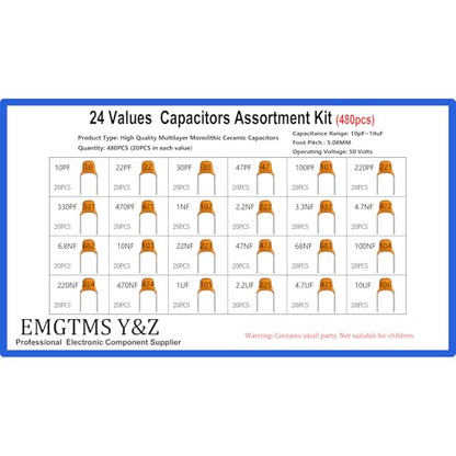 24 Values 480pcs Multilayer Monolithic Ceramic Capacitor Assortment Kit