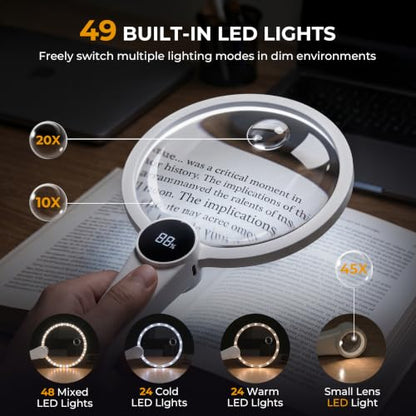 Magnifying Glass with Light, 10X 20X 45X Lighted Magnifying Glass (White) - color: White