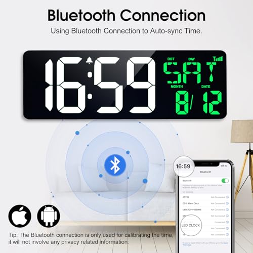 17" Large Digital Wall Clock, Bluetooth Sync, Auto Dimmer, Remote - color: White+green