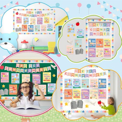 Ten Commandments Bulletin Board Set Christian Bible Verse Classroom Decor Pastel Rainbow Inspirational Religious Scripture Cutouts for Back to School Party Classroom Home Chalkboard Wall Door Decor - style: Pastel Rainbow Ten Commandments