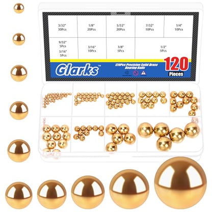 Glarks 120pcs 3/32’’-1/2’’ 10 Sizes Precision Solid Brass Bearing Balls Assortment, Yellow Brass Hardness Round Balls, Industrial Bearing Ball for for Machinery, Automotive, Valves - size: 3/32"-1/2"
