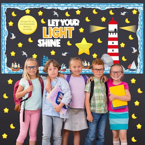 109Pcs Christian Religious Bulletin Board Set Let Your Light Shine Classroom Decoration VBS 2026 Bible Verse Lighthouse Paper Cutout for Church Easter Sunday School Chalkboard Door Wall Decor - style: Shining Light