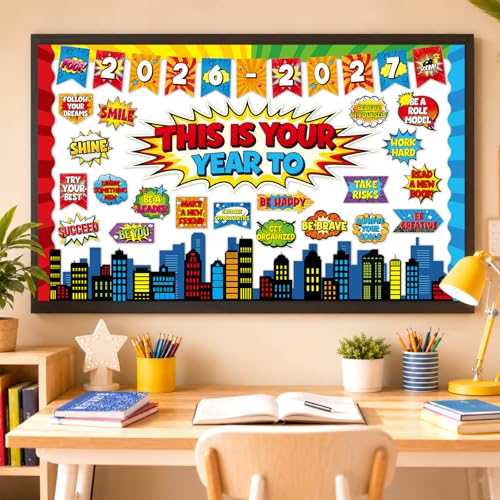 This is Your Year Bulletin Board Set Super Themed Classroom Decoration Inspirational Hero Welcome Back to School Decoration Cutouts for Back to School Office Classroom Home Chalkboard Wall Door Decor - style: This is Your Year to