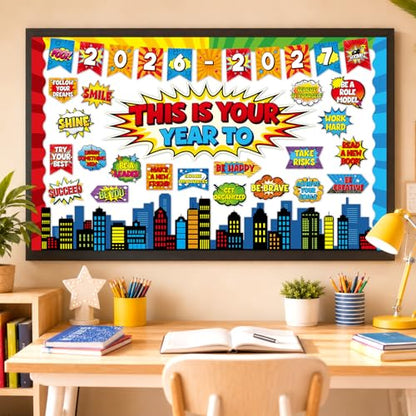 This is Your Year Bulletin Board Set Super Themed Classroom Decoration Inspirational Hero Welcome Back to School Decoration Cutouts for Back to School Office Classroom Home Chalkboard Wall Door Decor - style: This is Your Year to