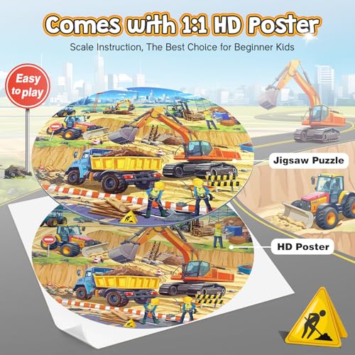 Floor Puzzles for Kids Ages 4-6, Large 70 Piece Construction Puzzles for Kids Ages 6-8 with Excavator Bulldozer Forklift Dumper Truck, Building Site Educational Toy Gifts for Boys Girls Children - style: Construction Site