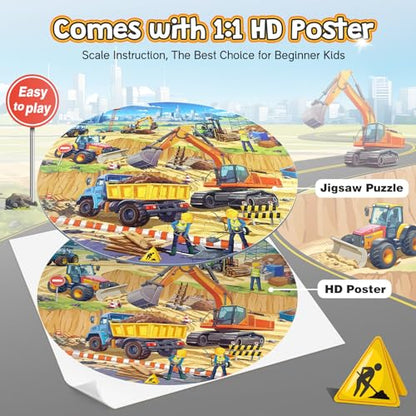 Floor Puzzles for Kids Ages 4-6, Large 70 Piece Construction Puzzles for Kids Ages 6-8 with Excavator Bulldozer Forklift Dumper Truck, Building Site Educational Toy Gifts for Boys Girls Children - style: Construction Site