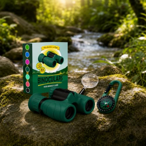 Binoculars for Kids – Perfect Toy for Little Boys and Girls – Extensive Set Incl. Magnifying Glass & Compass – Powerful Magnification 8X21 – 3 to 12 Year Old Kids for Toddler - color: Dark Green