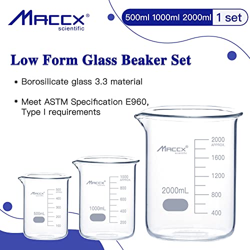Sturdy Glass Beakers, 3 Sizes of 500ml 1000ml 2000ml,3.3 Borosilicate Griffin Low Form with Printed Graduation, BKLS05-003 - style: Vol.500ml 1000ml 2000ml