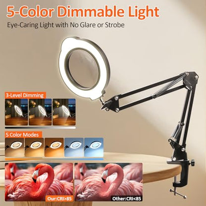 Magnifying Glass with Light and Clamp, 10X 30X LED Desk Magnifier with Real Glass Lens, 5 Color Modes, 3 Brightness Levels, Hands-Free Magnifying Lamp for Reading, Crafts, Electronics and Jewelry - color: Clamp