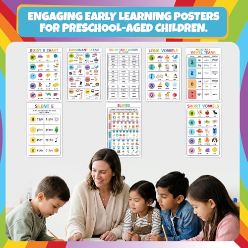 Sproutbrite 8 Pack 11” x 17” 1st Grade Educational Phonics Posters & Charts - color: Vowels Poster Set