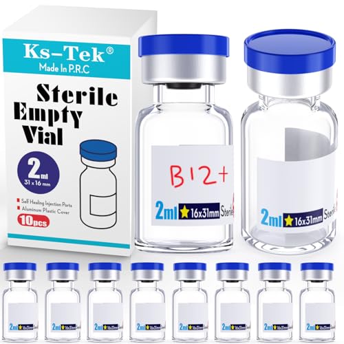 Ks-Tek Sterile Empty Vials with Self Healing Injection Port,with Aluminum Plastic Cap,Sterile Package (2ml Clear,10) - size: 2ml Clear