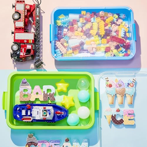 2 Pack Sensory Bin for Kids, 15inch Sand Tray with Lid, No-Mess Sensory Play Container for Sand, Building Blocks Storage, Portable Kids Activity Bin Indoor Outdoor(Blue, Green)