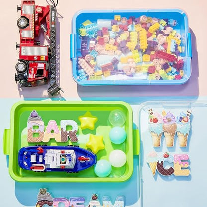 2 Pack Sensory Bin for Kids, 15inch Sand Tray with Lid, No-Mess Sensory Play Container for Sand, Building Blocks Storage, Portable Kids Activity Bin Indoor Outdoor(Blue, Green)