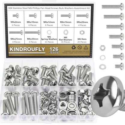 126 Pieces M6 x 8/10 /12/16 /20/25 /30mm Phillips Pan Head Machine Screws Nuts Washers Assortment Kit, 304 Stainless Steel, Fully Machine Thread - size: M6