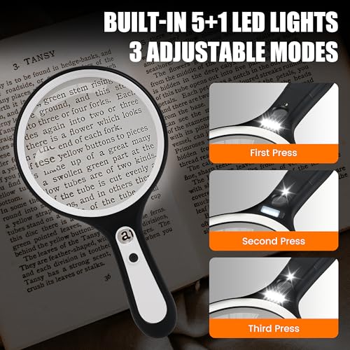 Magnifying Glass with Light for Reading: 5.31” Large Handheld Magnifier Lighted Glasses with 6 LED for Page Book, Small Prints, Coins, Jewelry, Best Lens Gifts for Seniors, Low Vision Elderly