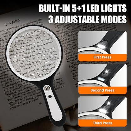 Magnifying Glass with Light for Reading: 5.31” Large Handheld Magnifier Lighted Glasses with 6 LED for Page Book, Small Prints, Coins, Jewelry, Best Lens Gifts for Seniors, Low Vision Elderly