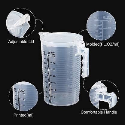 PATIKIL Graduated Beaker, 2 Pack 1000ml PP Plastic Liquid Measuring Cup Double Sided Black Graduations with Handle Lid and Spout for Lab Kitchen Home - size: 1000ml