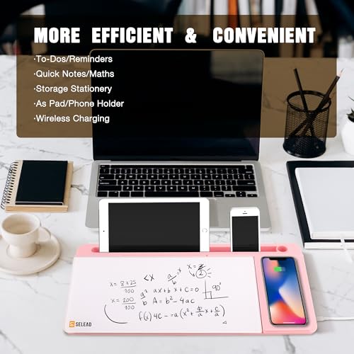 SELEAD Desktop Glass Whiteboard with Wireless Charger and Mirror, Pink - color: Pink, size: 16"x7"