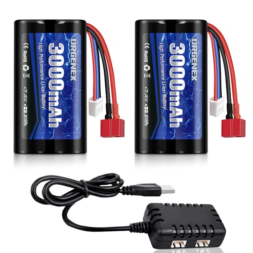 Li-ion Battery 7.4V 3000mAh High Capacity with Dean-Style T Plug 2S Rechargeable RC Battery Fit for WLtoys 4WD High Speed RC Cars and Most 1/10, 1/12, 1/16 Scale RC Cars Trucks with Charger