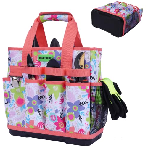 MELOTOUGH 12-Pocket Garden Tool Bag with Hard Bottom, Garden Tote, Flower - color: Flower
