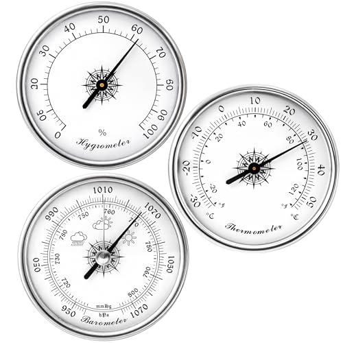Analog Weather Station Barometer 3-in-1 Set, Silver Dial Type Traditional Barometers Hygrometer Thermometer, -30–50°C, Air Pressure Temperature Humidity Gauge 950 to 1070hPa, No Batteries Required