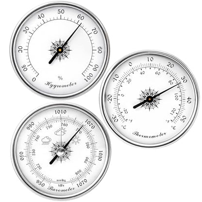 Analog Weather Station Barometer 3-in-1 Set, Silver Dial Type Traditional Barometers Hygrometer Thermometer, -30–50°C, Air Pressure Temperature Humidity Gauge 950 to 1070hPa, No Batteries Required