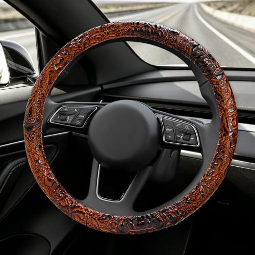 15" Leather Car Steering Wheel Cover (Brown) - color: Brown