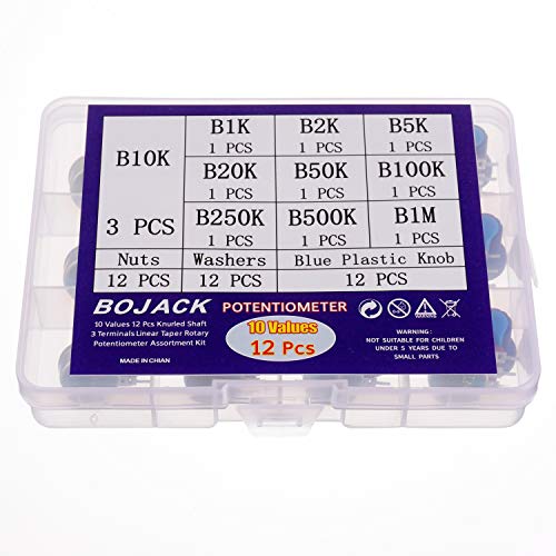 BOJACK 10 Values 12 Pcs B1K-B1M Ohm Knurled Shaft 3 Terminals Linear Taper Rotary Potentiometer(WH148) Single Turn Carbon Film Variable Resistor Assortment Kit
