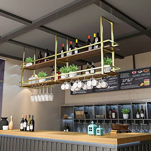Ceiling Wine Glass Rack - 55.1in Hanging Wine Rack with Glass Holder and Shelf, 2 Layer Industrial Hanging Wine Bottle Holder, Gold Metal Ceiling Shelf for Bar Cafe Kitchen (Gold, 55.1×11.8×31.4in) - color: Gold, size: 55.1×11.8×31.4in