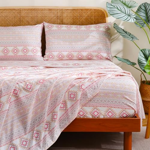 CozySmile Boho Sheet 4 Pieces Queen Sheet Set Bohemian, Boho Sheets Soft Microfiber Deep Pocket, Western Sheets Geometric(Queen, Pastel Pink Geometric) - color: B-pastel Pink Geometric, size: Queen