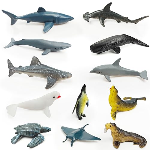 12 Marine Animal Figurines for Kids, Plastic Animal Toys Tiny Portable Sea Creature Figures Playset Montessori Toy Educational Game for Homeschool Preschool Toddler Kids - style: Marine animals (excluding cards)