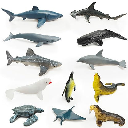 12 Marine Animal Figurines for Kids, Plastic Animal Toys Tiny Portable Sea Creature Figures Playset Montessori Toy Educational Game for Homeschool Preschool Toddler Kids - style: Marine animals (excluding cards)