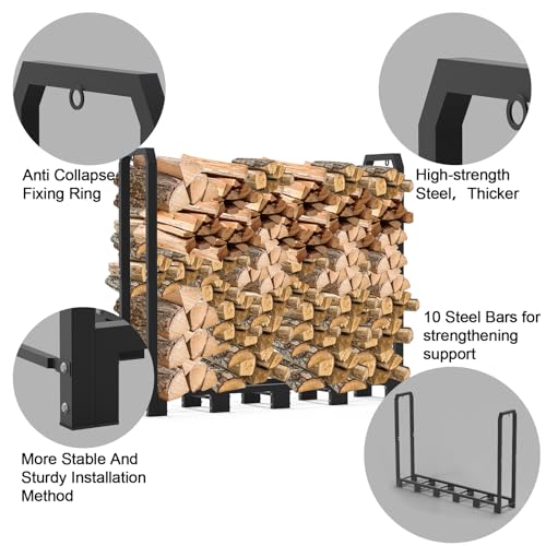 8Ft Firewood Rack Holder for Fireplace, Indoor & Outdoor Thickened Metal Firewood Storage Rack, Rust-Resistant, Sturdy, Space-Saving, Easy Assembly. - size: 8Ft