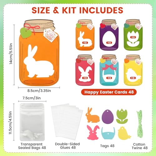 Giiffu Easter Treat Bags with Cards 48-Pack, Mason Jar Goodie Bag for Kids - color: Easter Mason Jar Candy Card