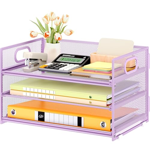 Subekyu 3 Tier Letter Tray Paper Organizer with Handle and 1 PC Sliding Tray, Purple Metal Mesh Desk File Folder Paper Sorter Organizer for Home Office School Desk Supplies Organization Storage - color: Purple, size: 12.6" x 9.1" x 8.1"